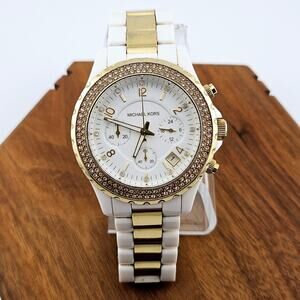 Michael Kors Womens Multifunction Watch Gold Rhinestone Bezel White Acetate Band